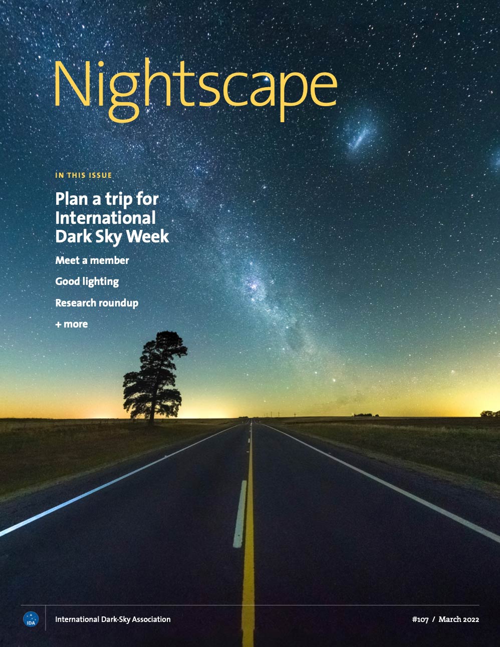 Current Issue: Nightscape #107 · March 2022 Cover of Nightscape magazine #107 showing a road narrowing off into the distance, with a starry night sky above the horizon
